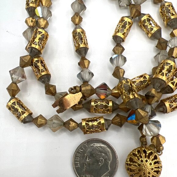 Vtg Double Strand 18" Beaded Necklace GoldTone AB Crystal Bicone Filigree Tubes - Picture 8 of 8